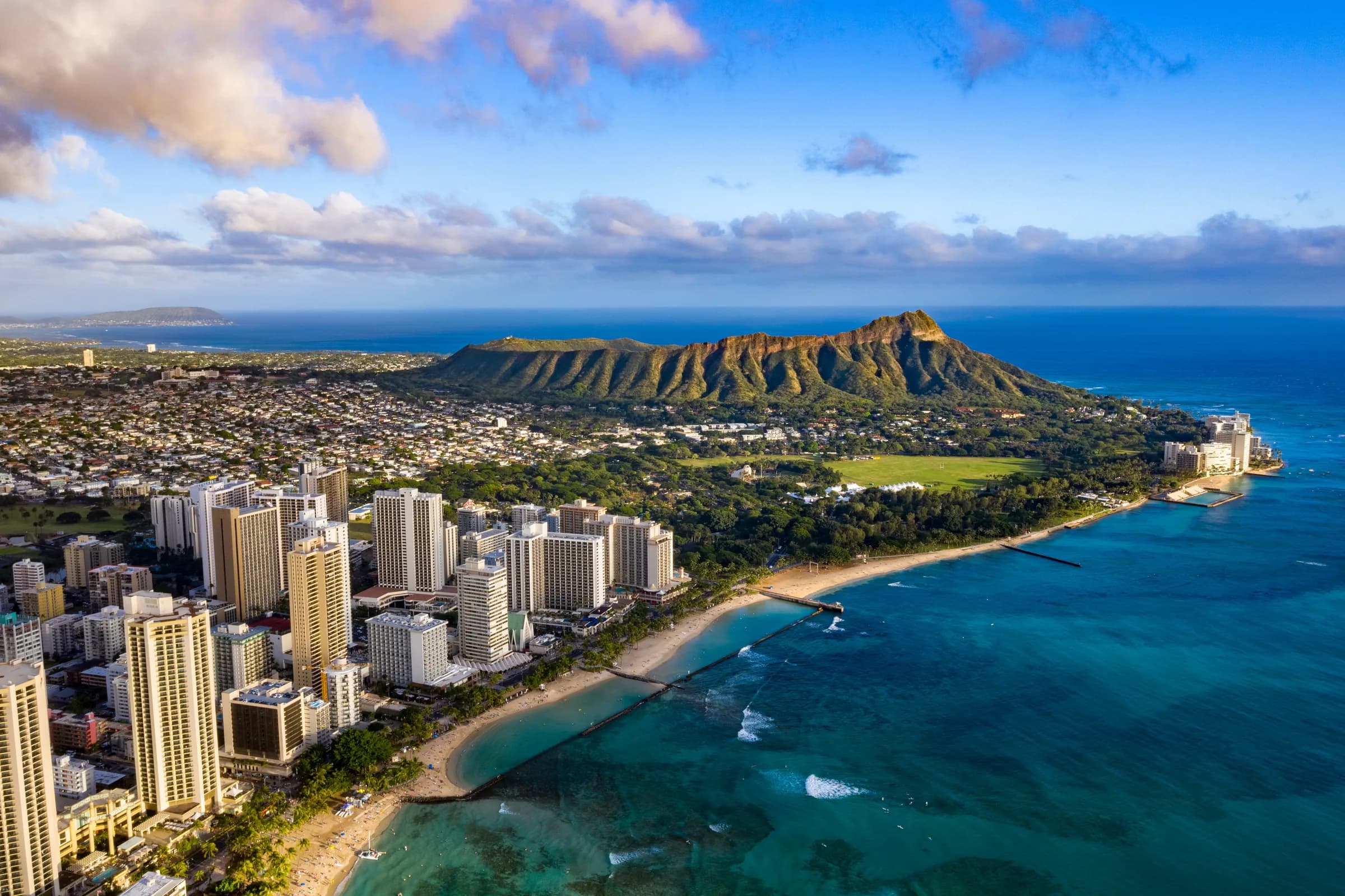 Waikiki skyline with Queen Kapiolani Regional Park, Kuhio Beach and Diamond Head in the background